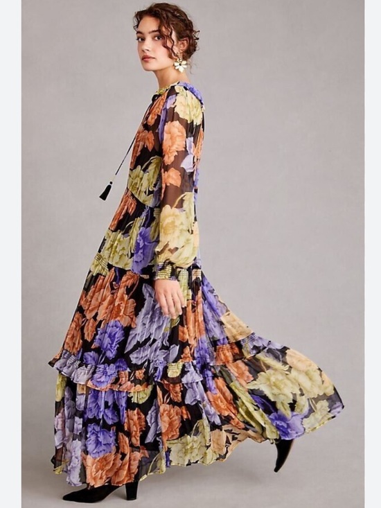 Anthropologie Dresses & Skirts - 🖤Anthropologie The Marais Printed Chiffon Maxi Dress Size Medium Tiered Ruffle